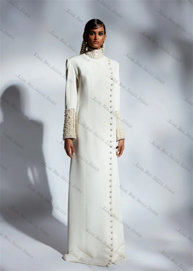 

White Pearls Women Suits 1 Piece Long Blazer Prom Dress Cotton Customized Formal Office Lady Jacket Wedding Tuxedos Coat