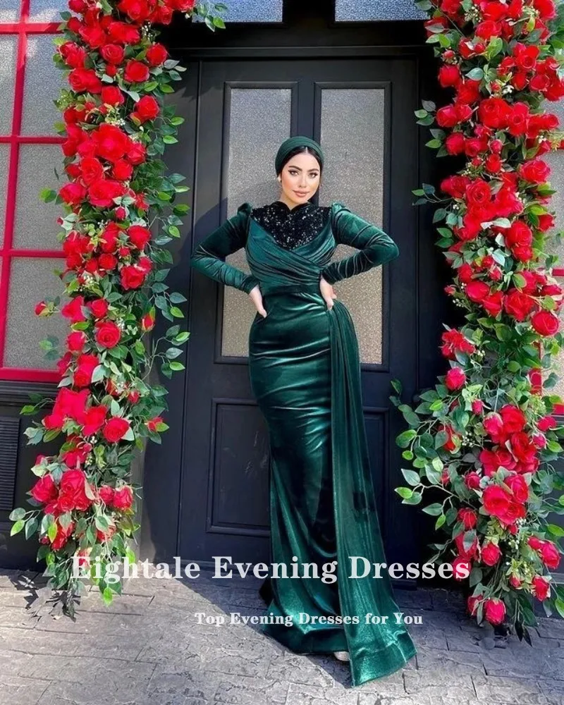 Eightale Formal Women\'s Evening Dresses Muslim Velvet Arabic Green Celebrity Prom Party Dress vestidos de ocasión formales