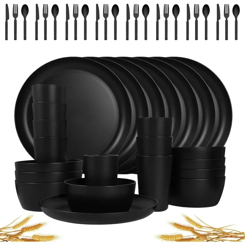 48-Piece Plastic Wheat Straw Dinnerware Sets Plates and Bowls Sets for 8 Lightweight Bowls Unbreakable Dish Set