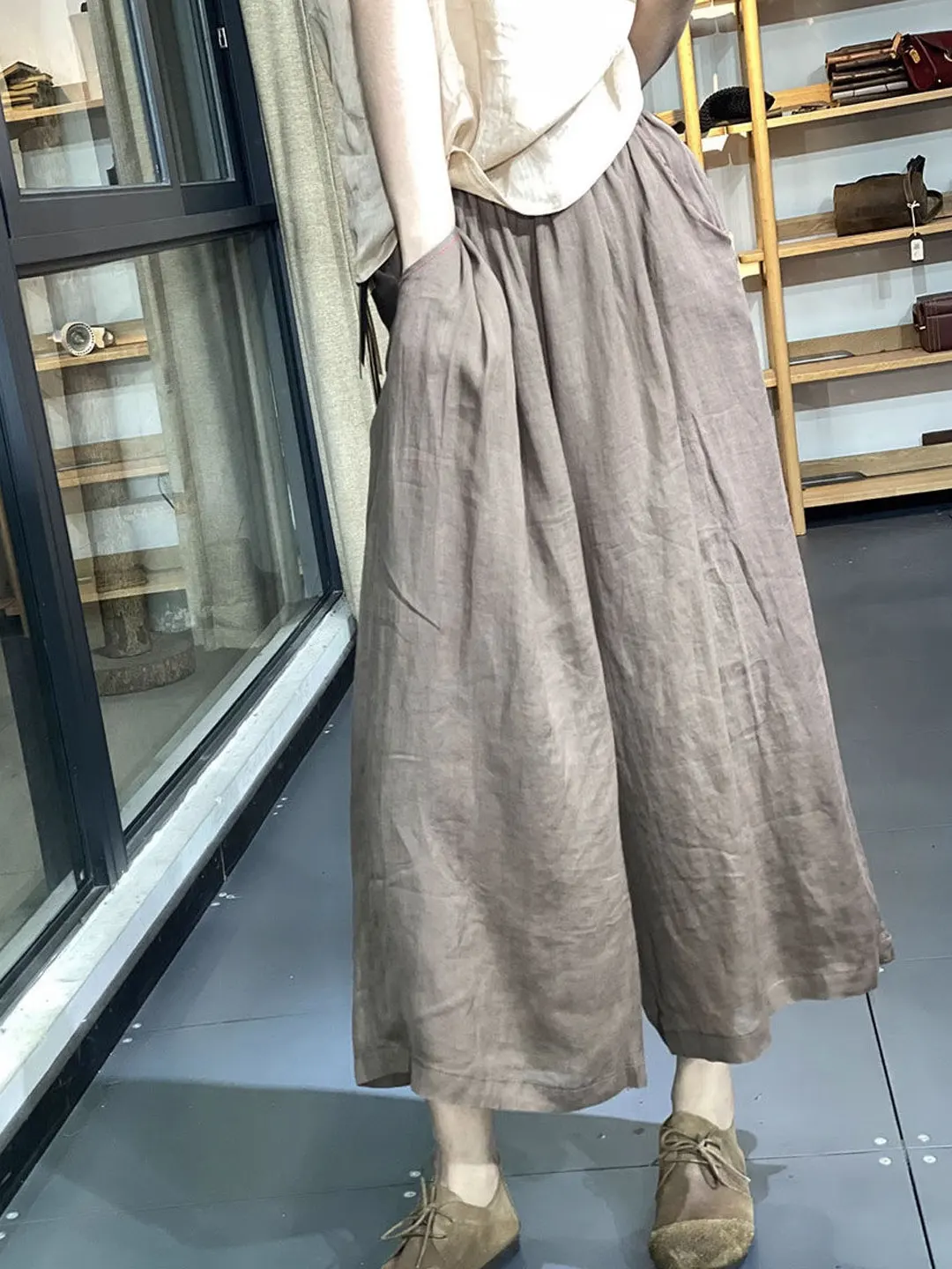 

Свободные хлопковые льняные широкие брюки женские летние тонкие большие размеры среднего возраста мама повседневные маленькие размеры с высокой талией семь дюймов брюки S...