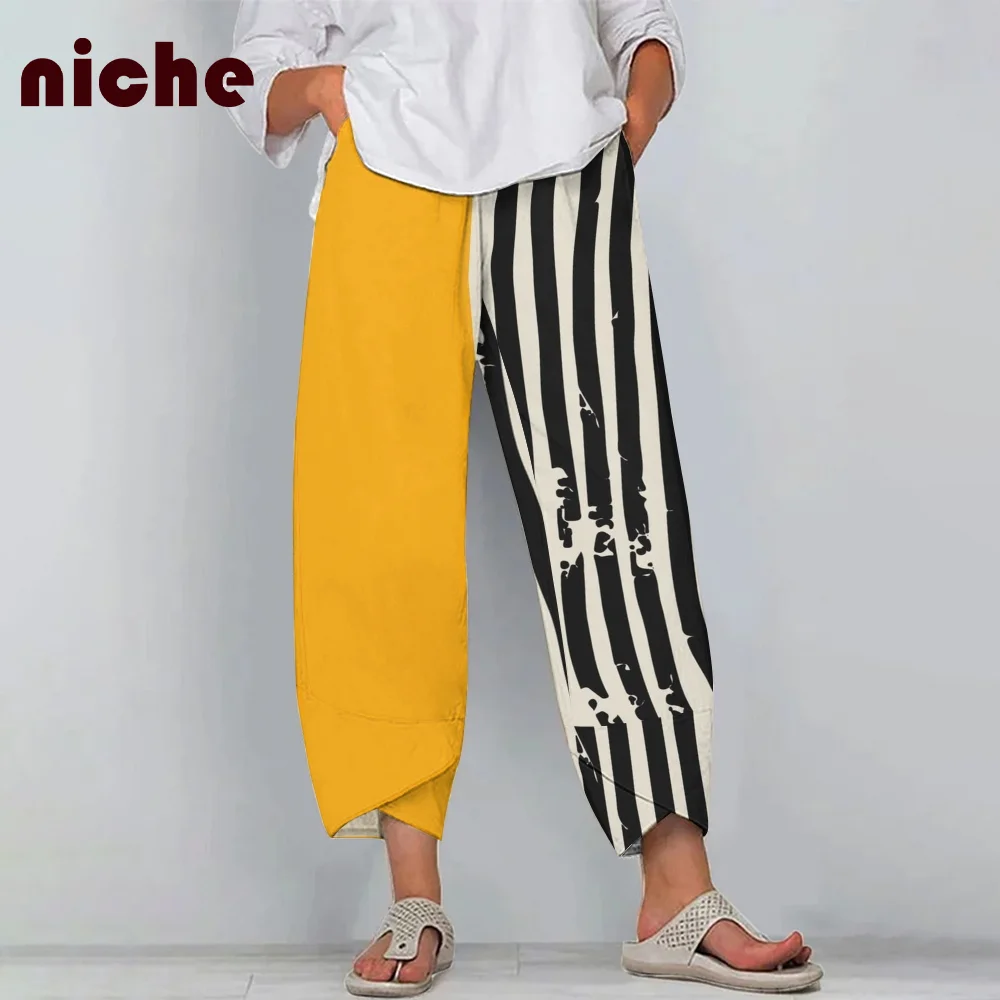 Pure Cotton Women's Large Size Beach Pants Asymmetrical Stripes Solid Color Printing Loose Designer Seven-Point Wide-Leg Pants