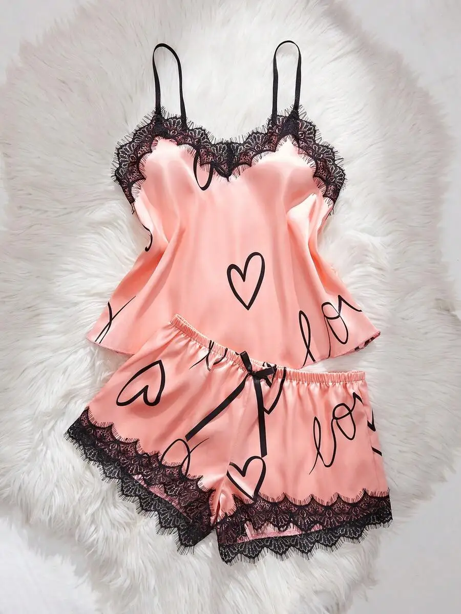 

Womens Heart Print Lace Trim Pajama Set Sleeveless Regular Fit