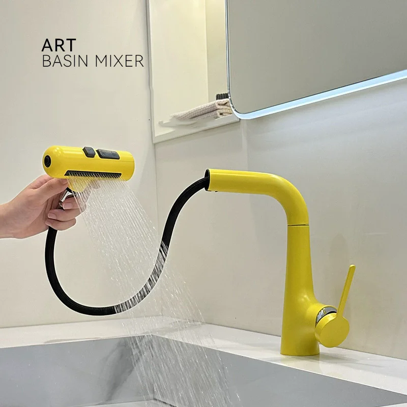 New Basin Faucet Purple Brass Pull Out Hot and Cold Multi-functions Bathroom Decked Single Lever Sink Mixer