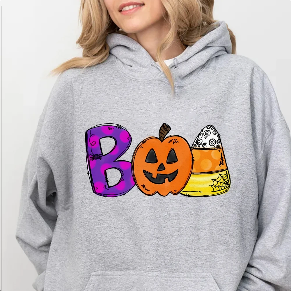 

Boo Doodle Letters Hoodie Halloween Party Hoodies Hocus Pocus Long Sleeve Shirt Funny Boo Ghost Pumpkin Face Halloween Top Women