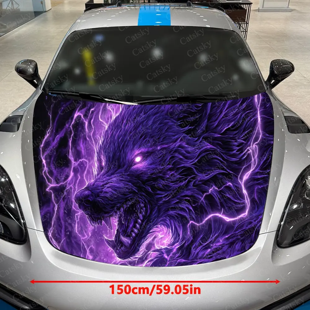 Deep Purple Lightning Flame Demon Wolf Car Vinyl Wrap, PVC Waterproof Car Hood Sticker, Self-Adhesive Scratch-Resistant Stickers