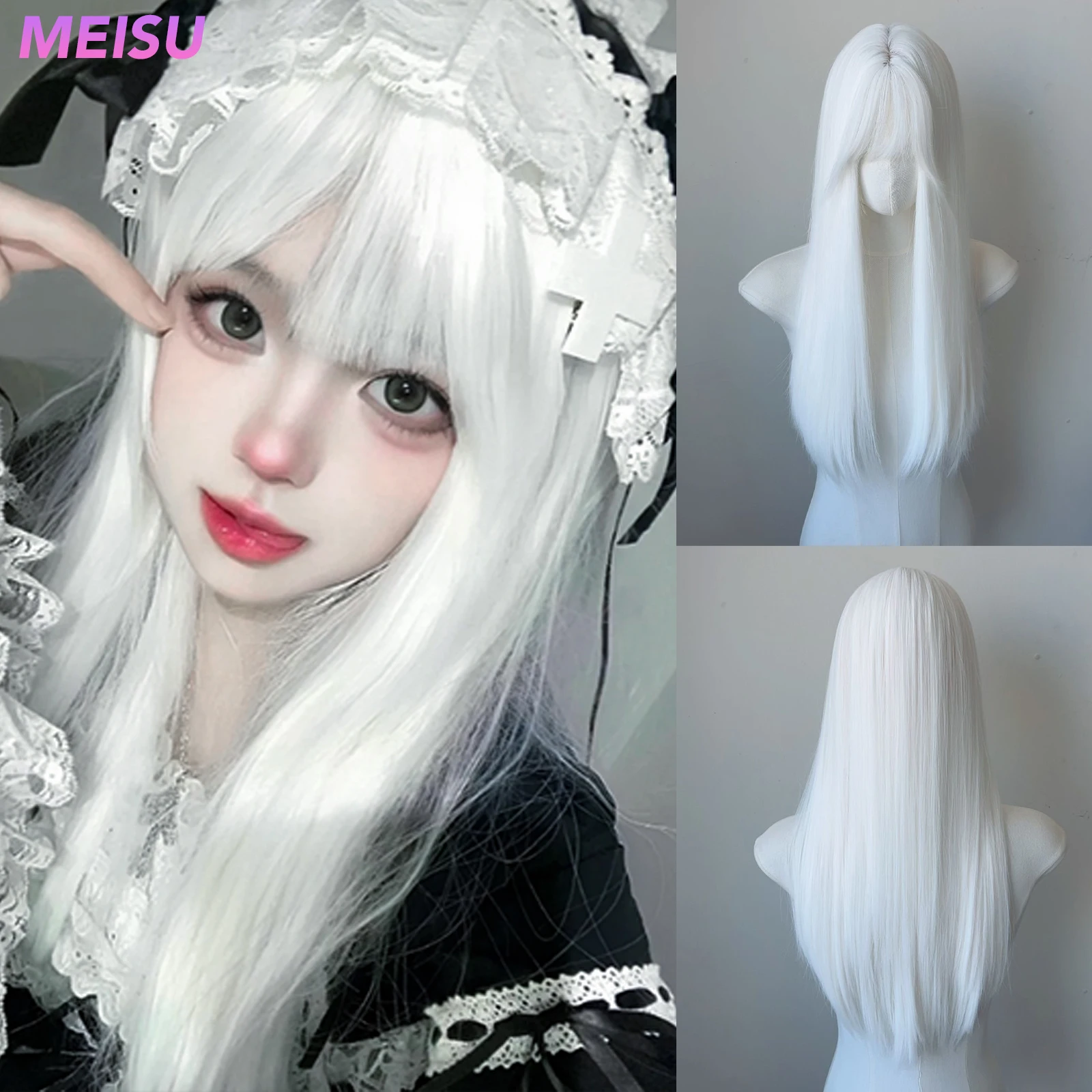 

MEISU 24-дюймовый синтетический длинный парик с прямой челкой, бетое волокно, термостойкое, многослойное, натуральное, гладкое, для Хэллоуина, для косплея, вечеринки, на каждый день