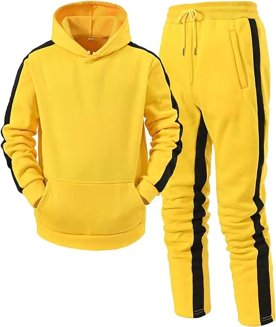 Men\'s Hooded Sweatshirts Set Solid Color Jogging Tracksuit Long Sleeve Suit Hoodies Trousers Yellow Casual