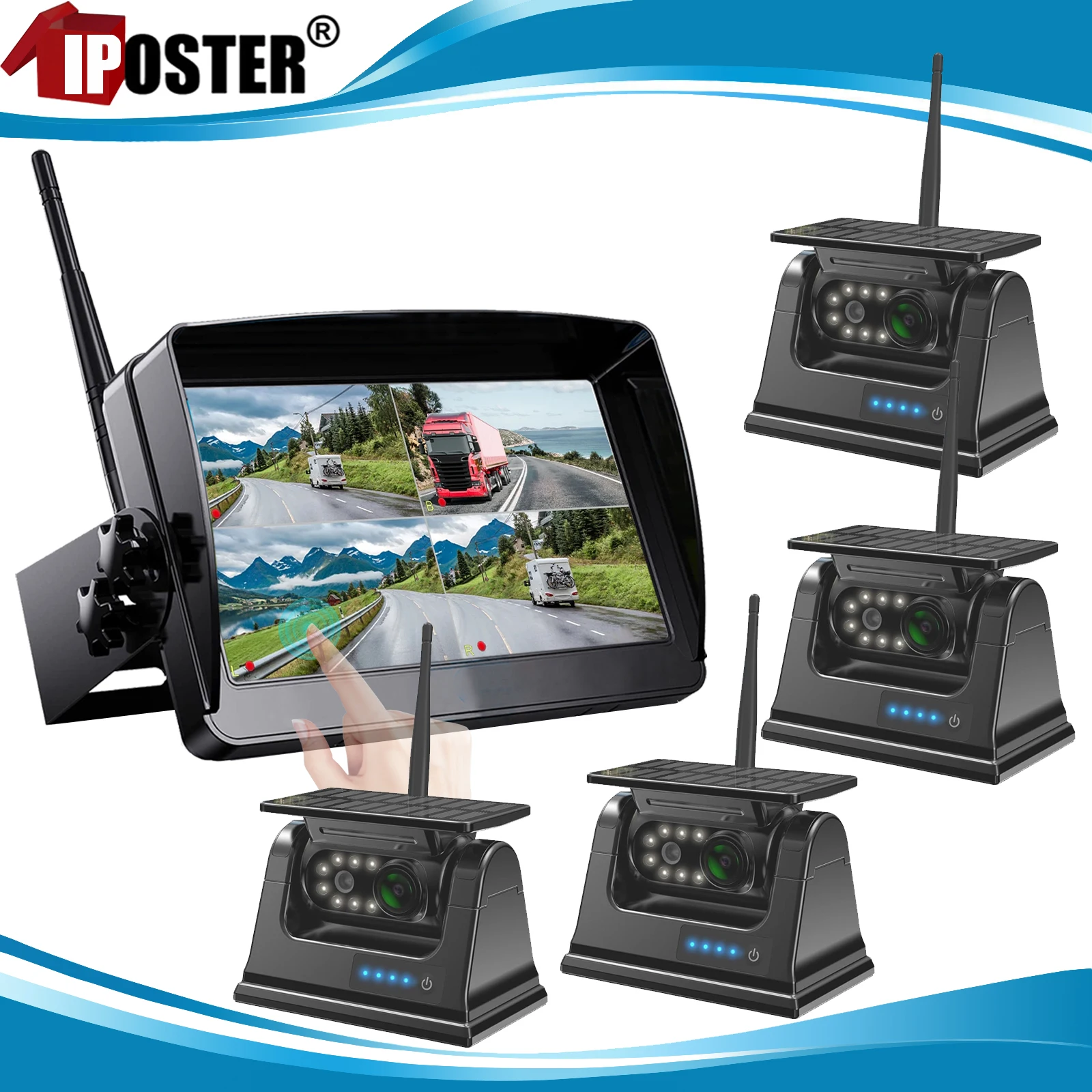 

iPoster Digital Wireless 7" IPS Touch Screen DVR Monitor Standby Mode 1/2/4x Solar Magnetic Backup Cameras For Caravan Rv Camper