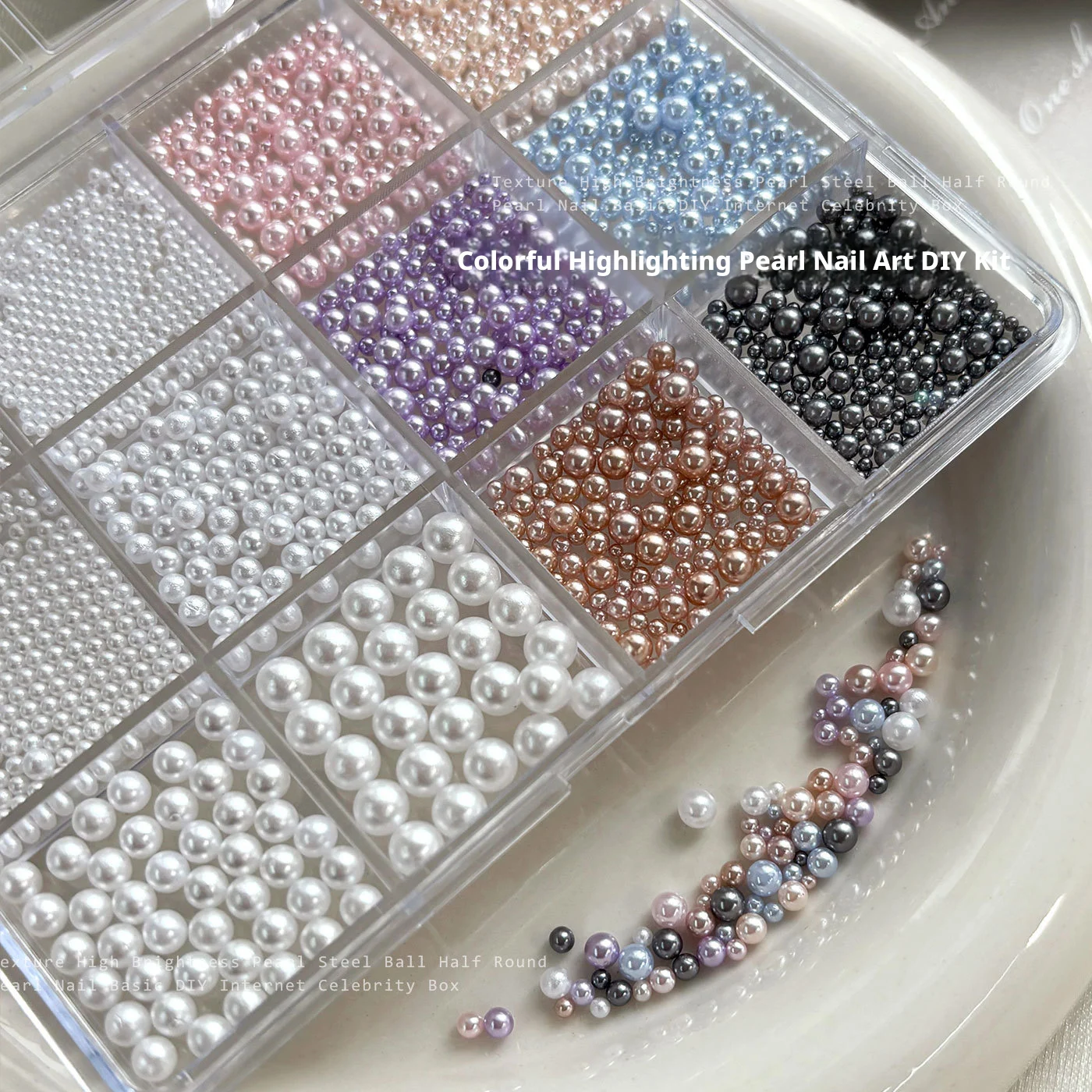 12 Grid Nail Art with Water Droplets Semi-Circular or Circular Pearls Mixed 3D Sliding Nail Decoration Suitable for French Nail