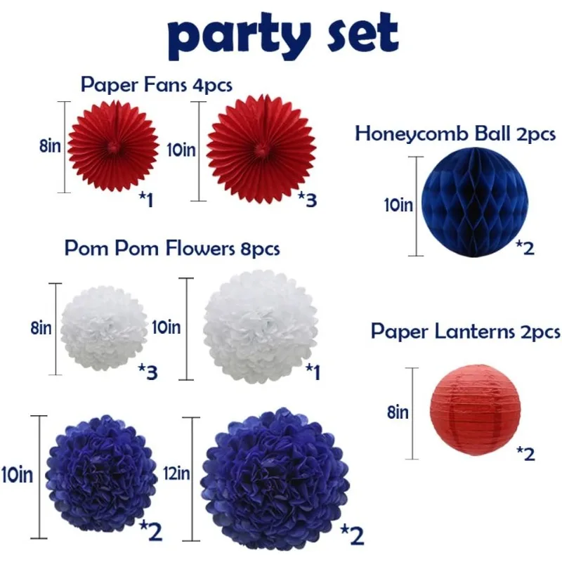 Navy Blue Red White Party Decorations 16pcs Pom Poms Honeycomb Balls Lanterns Tissue Fans for 4th of July Day Party Decorations