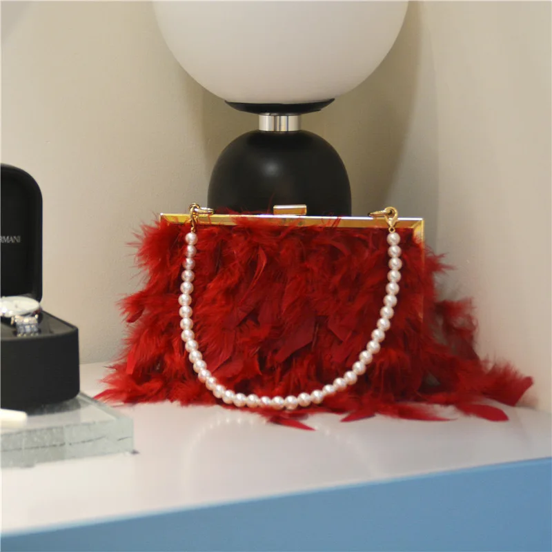 Fashion Turkey Feather with Pearls Handles Handbag Clutch Designer Woman Faux Fur Crossbody Shoulder Feather Bridal Bag