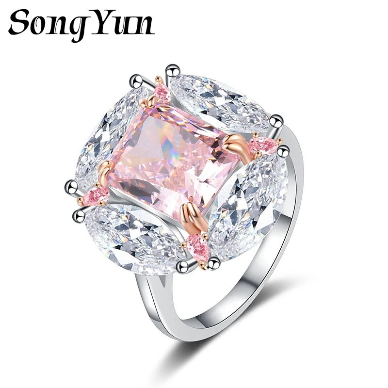 SONGYUN High Carbon Gemstones Jewelry S925 Solid Sterling Silver Pink Carbon Diamond Women's Ring Jewelry, Main Stone 8*10mm