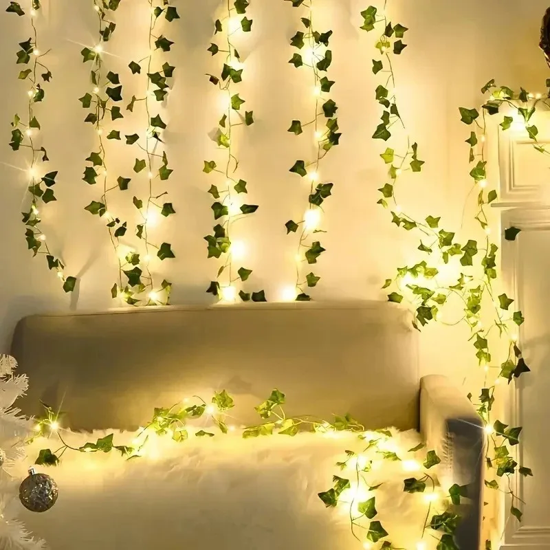 Battery Operated Wedding Garland LED Artificial Green Rattan Leaf Fairy Lights String Outdoor Garden Room Ramadan Decoration