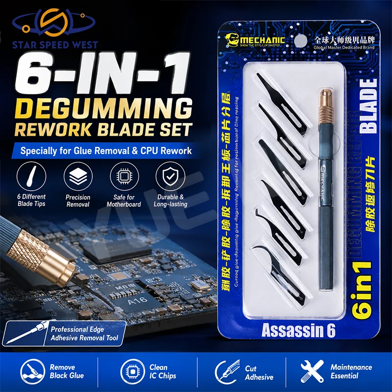 

MECHANIC Assassin 6 Degumming Rework Blade Set for Phone Motherboard IC CPU Hard Disk Pry and Black Glue Removal Repair Tools