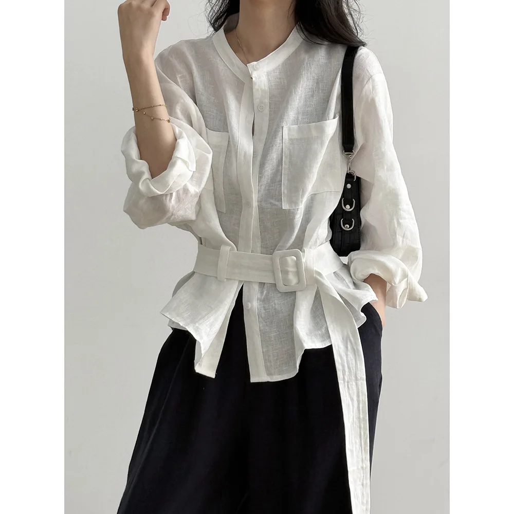 Kalsooni Camisa de lino para mujer de manga larga con cinturón Blusa elegante con botones de verano Top tipo túnica informal de oficina elegante y relajado