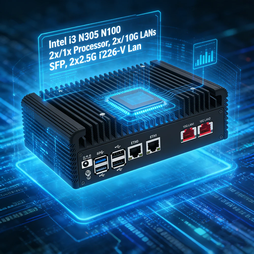

Intel i3 N305 N100 Firewall Router Upgraded Version Fanless Mini PC 2x/1x 10G LANs SFP+ 2x2.5G i226-V Solid Computer Home Server
