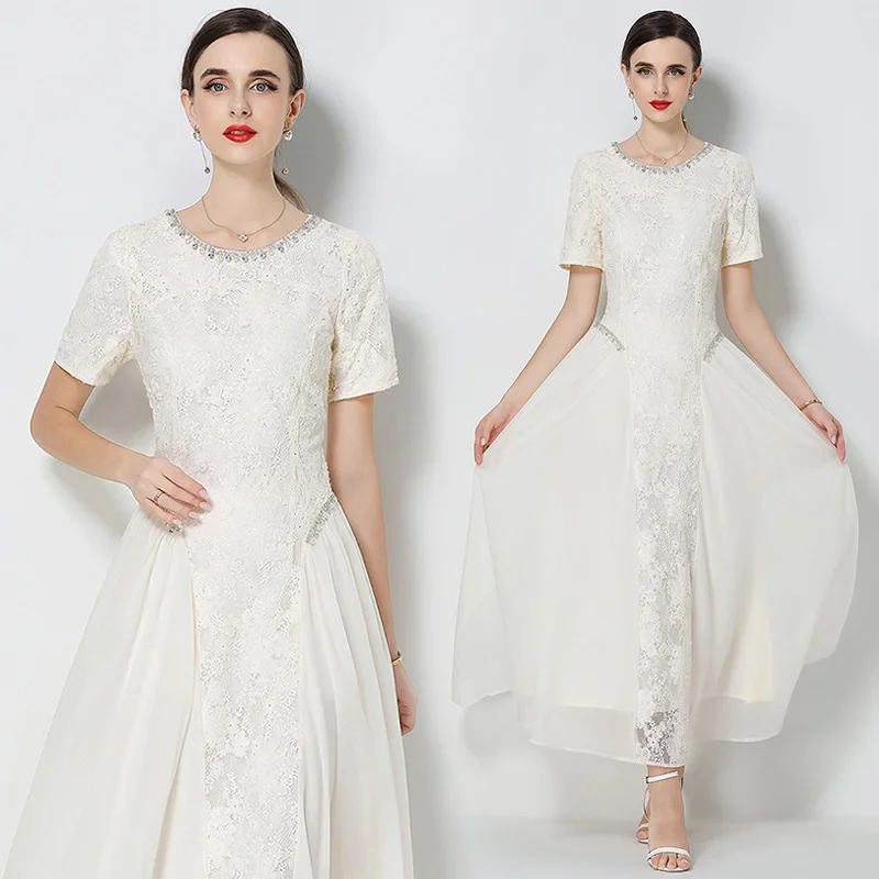 

Hand-Embroidered Sequin Short-Sleeve round Neck Lace-Panelled Long Skirt with Belt Women's Heavy Embroidery Shiny Diamond Casual
