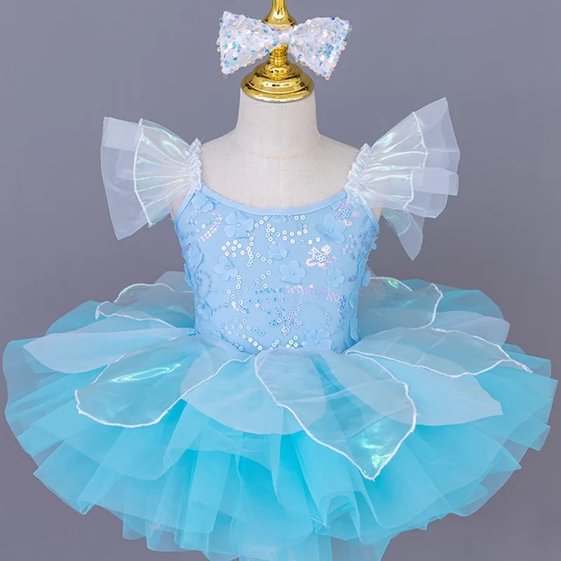 

Blue children's ballet performance costume Glitter Multi layer Children's Day Tutu Skirt Girl's spaghetti strap dance dress