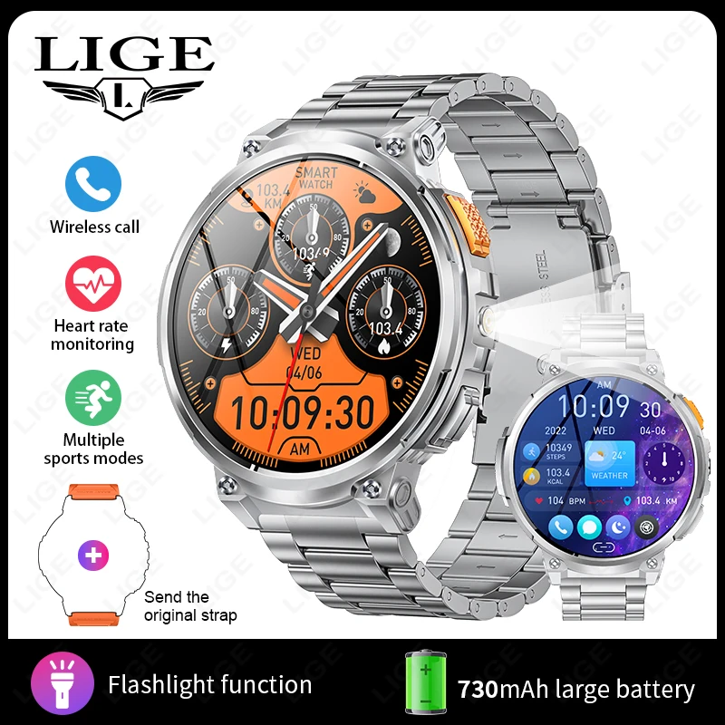 Men's Flashlight Bluetooth Call Smartwatch with Large Battery