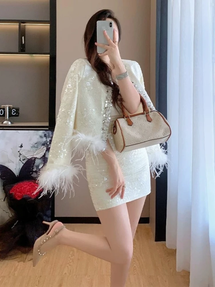 Elegant Chic Jacket Heavy Craft Fur Spliced Short Outerwear Women Winter Light Luxury High Youthful Refined Beaded Sequin Suit view 3
