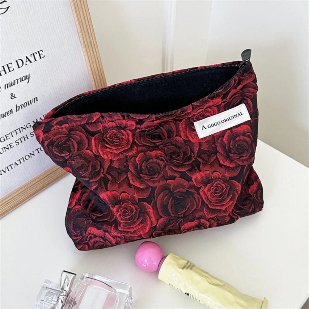 1 PC Retro Red Rose Large Makeup Bag Women Inner Portable Travel Toilet Handbag Versatile Skincare Sanitary Napkins Storage Gift