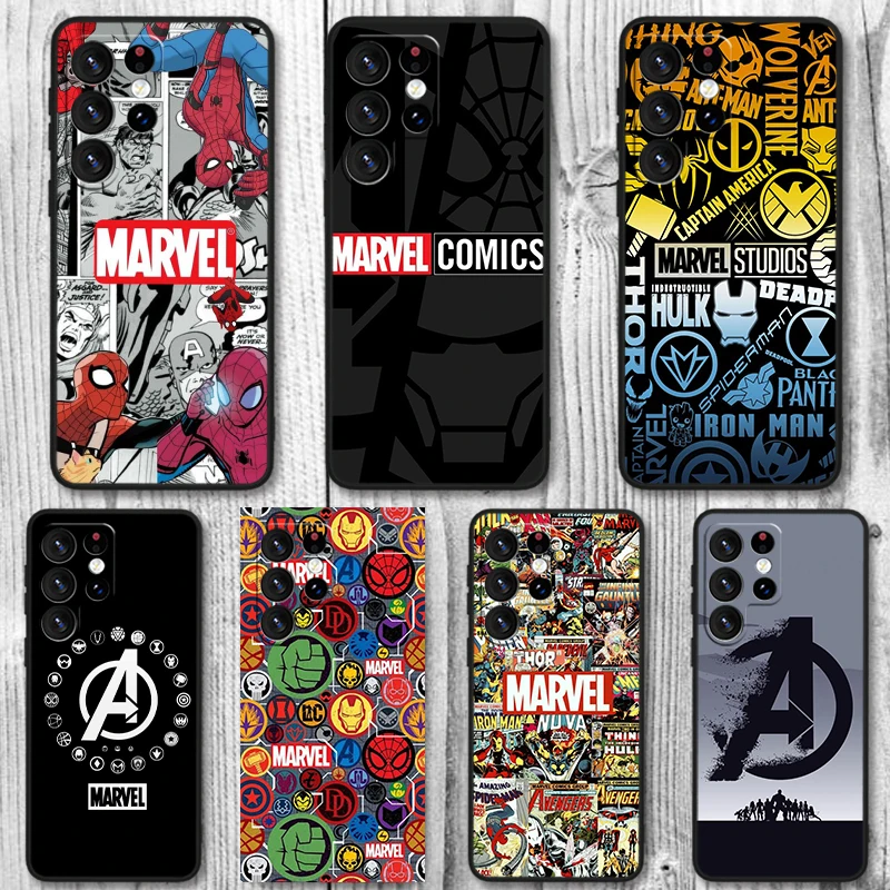 Marvel Avengers Logo For Samsung Galaxy S24 S23 S22 S21 S20 FE S10 Ultra Plus Shockproof Soft TPU Black Phone Case