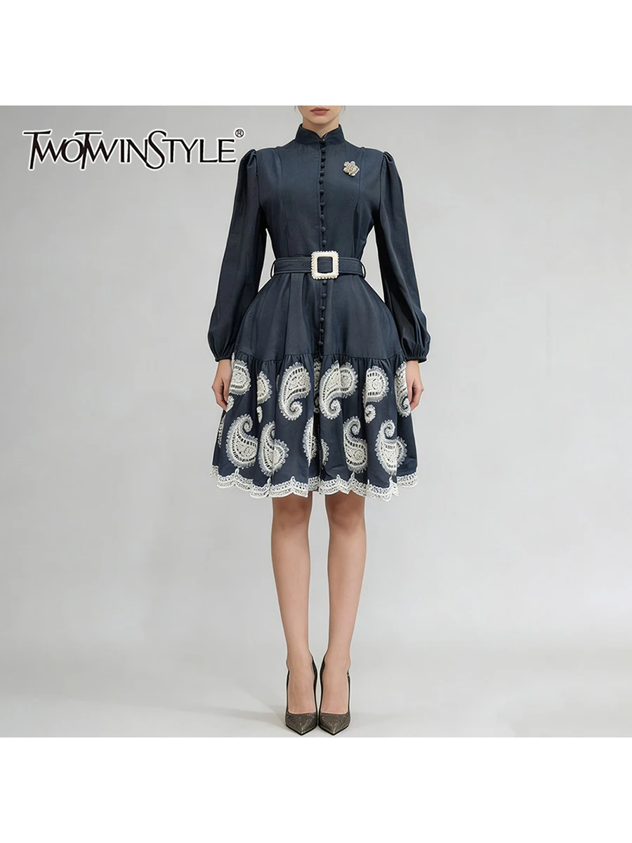 

TWOTWINSTYLE Vintage Spliced Embroidery Dresses for Women Stand Neck Long Sleeves High Waist Belt Slimming Dress Female Clothing