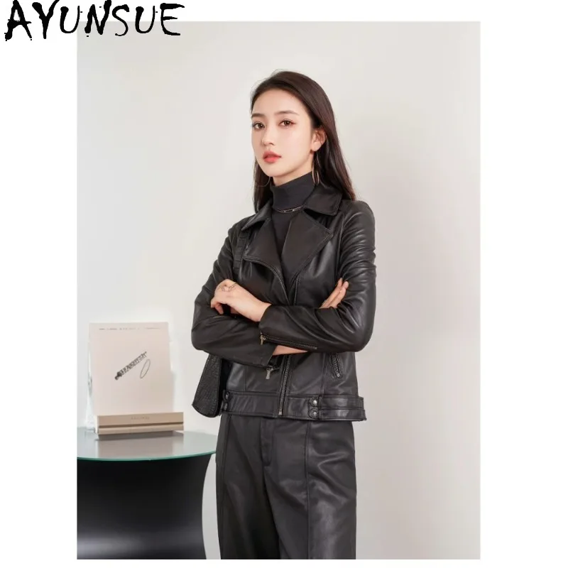 AYUNSUE Real Leather Jacket Woman Motorcycle Short Fitted Outerwear Fashion Commuter Sheepskin Black Jackets Woman Clothes 2026