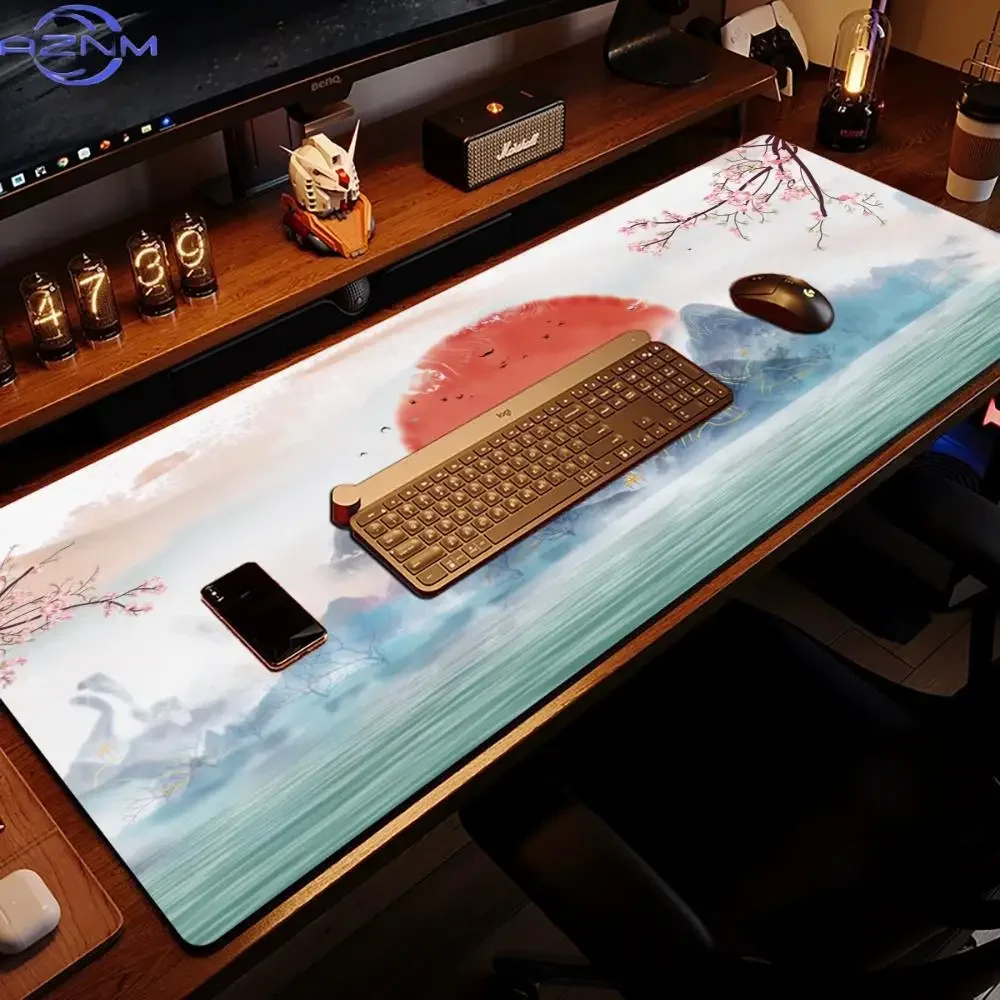 Chinese Ink Landscape Large Table Mat, Red Sun Mountain Sea Mouse Pad, Game Card Pad for Bedroom Learning Gaming