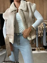 Women's Winter Faux Suede Vest Sleeveless Zipper-Up Fleece Sherpa Lined Jacket Fashion Casual Thick Outerwear Coat Streetwear