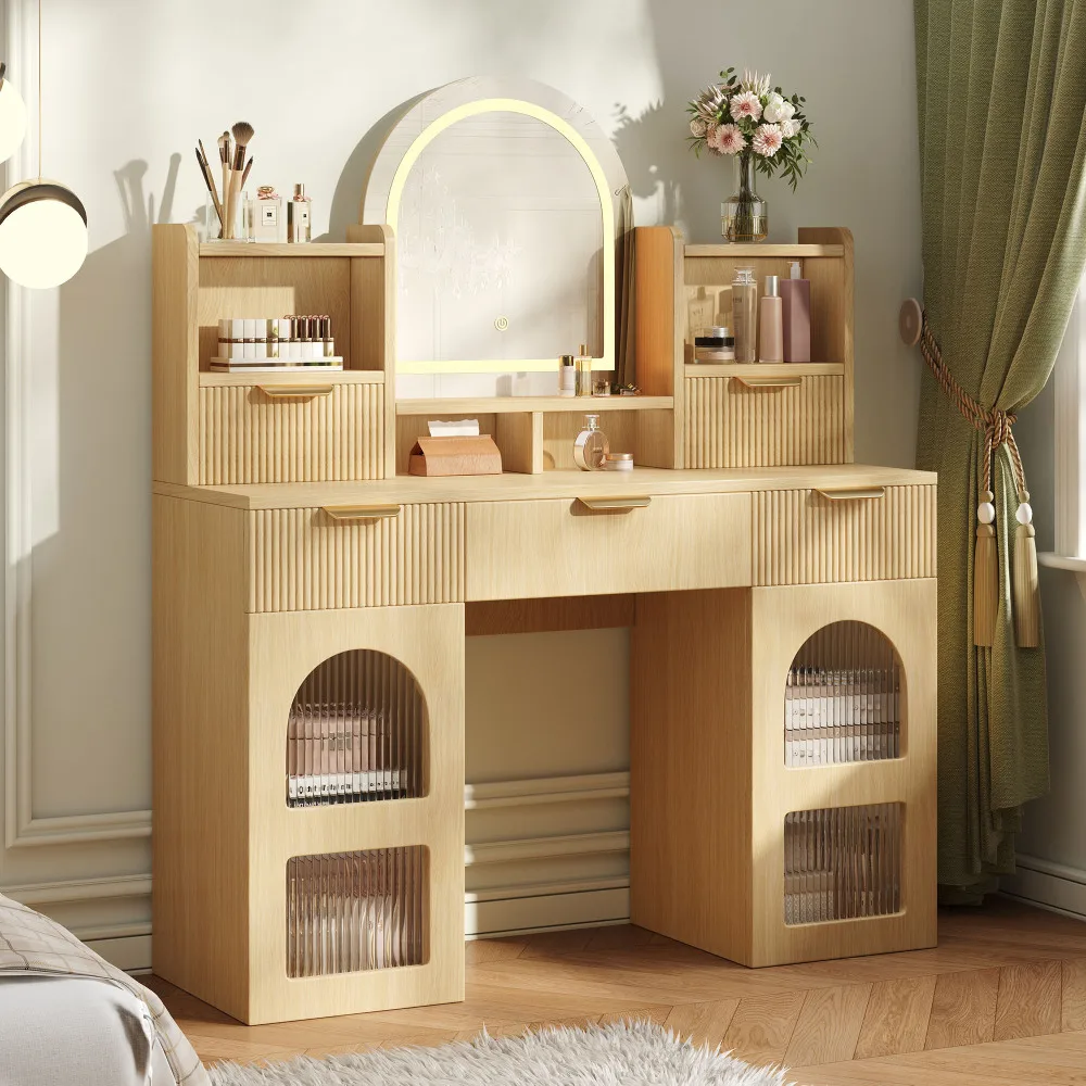 Grande table de maquillage avec miroir LED, 3 tiroirs, 2 armoires en verre, étagères de rangement, couleur bois, chambre à coucher, 120x40x139.5
