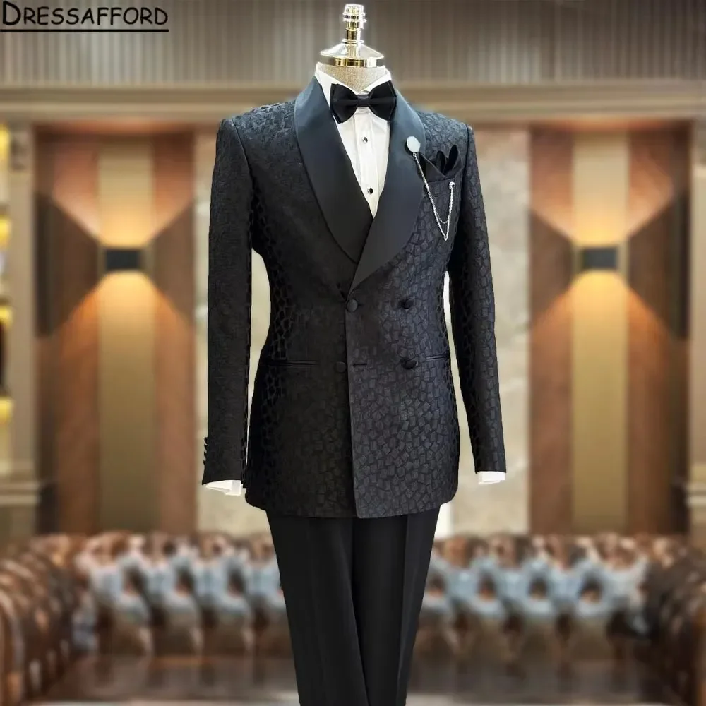 Black Jacquard Men's Suits Fashion 2 Pieces Sets Groom Prom Blazers Decoration Tuxedos Men