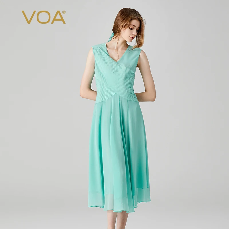 

VOA 100% Pure Silk Double Layer Georgette Green V-neck Elegant Long Dress Sleeveless Simple Slim Dresses for Women 2023 AE1917