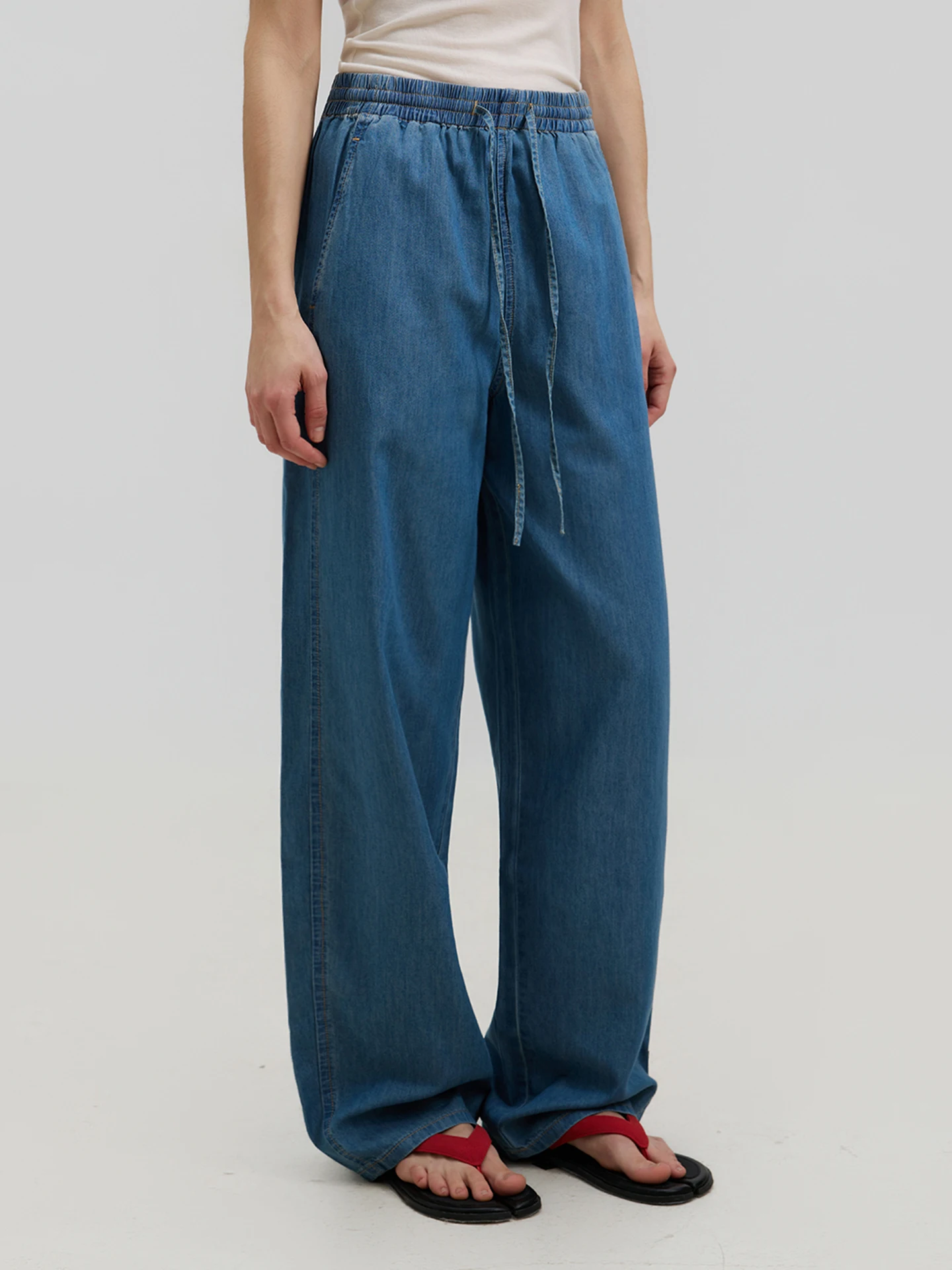 

Light Blue Drawstring Wide Leg Jeans Women's Washed Elastic Waist Draping Slimming Casual Straight Leg Long Trousers