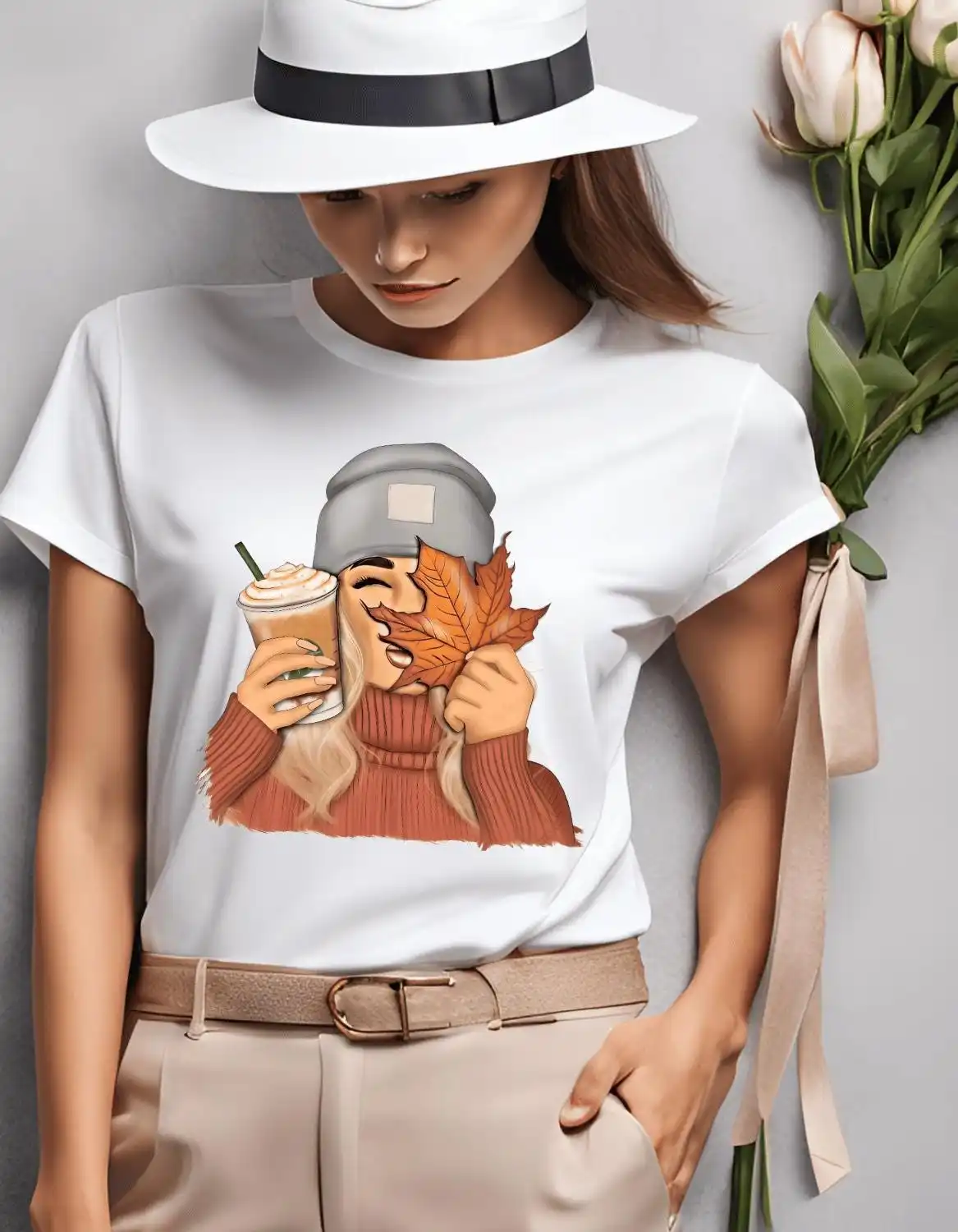 

Уютная осенняя эстетичная футболка для осенней девушки с кофе и листом, милая сезонная модная модная футболка с тыквой и пряностями, модный наряд