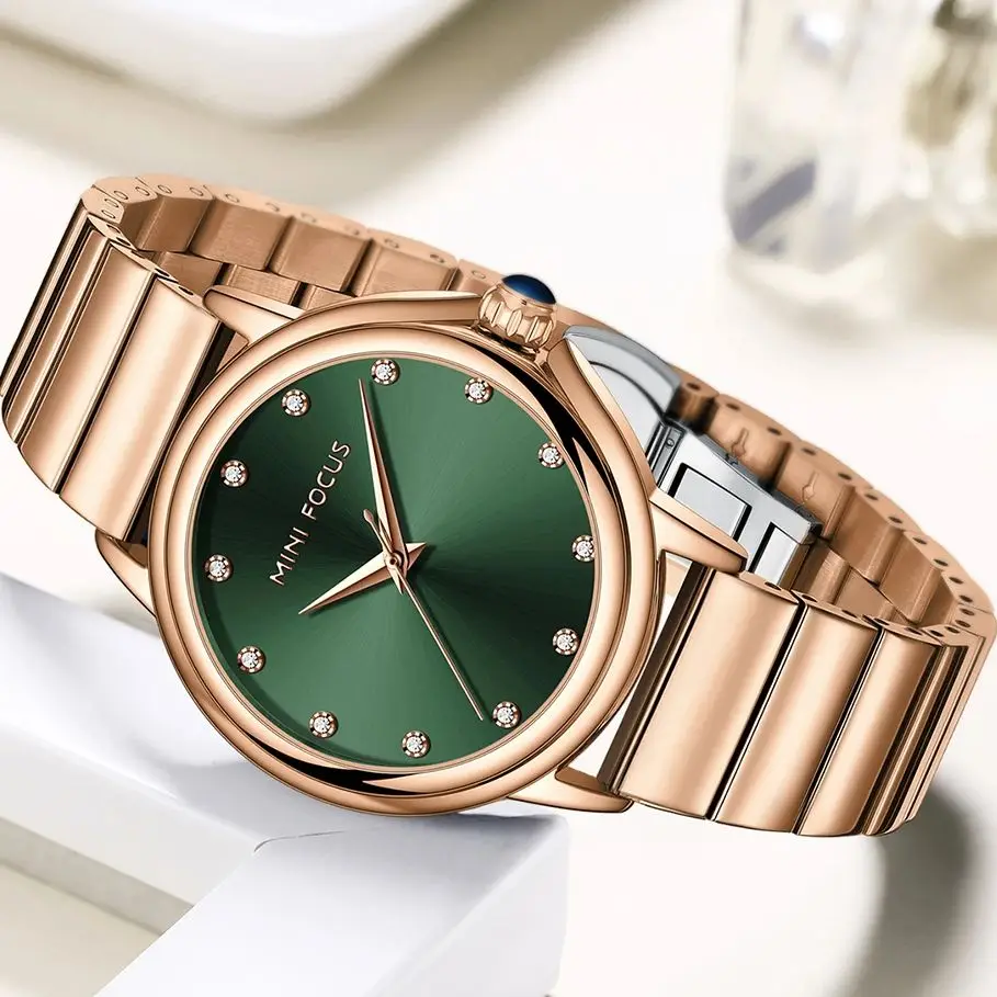MINI FOCUS Elegant Gradient Dial Ladies Watch Luxury Rhinestone Markers Japan Quartz Movement Stainless Steel Band 0493L