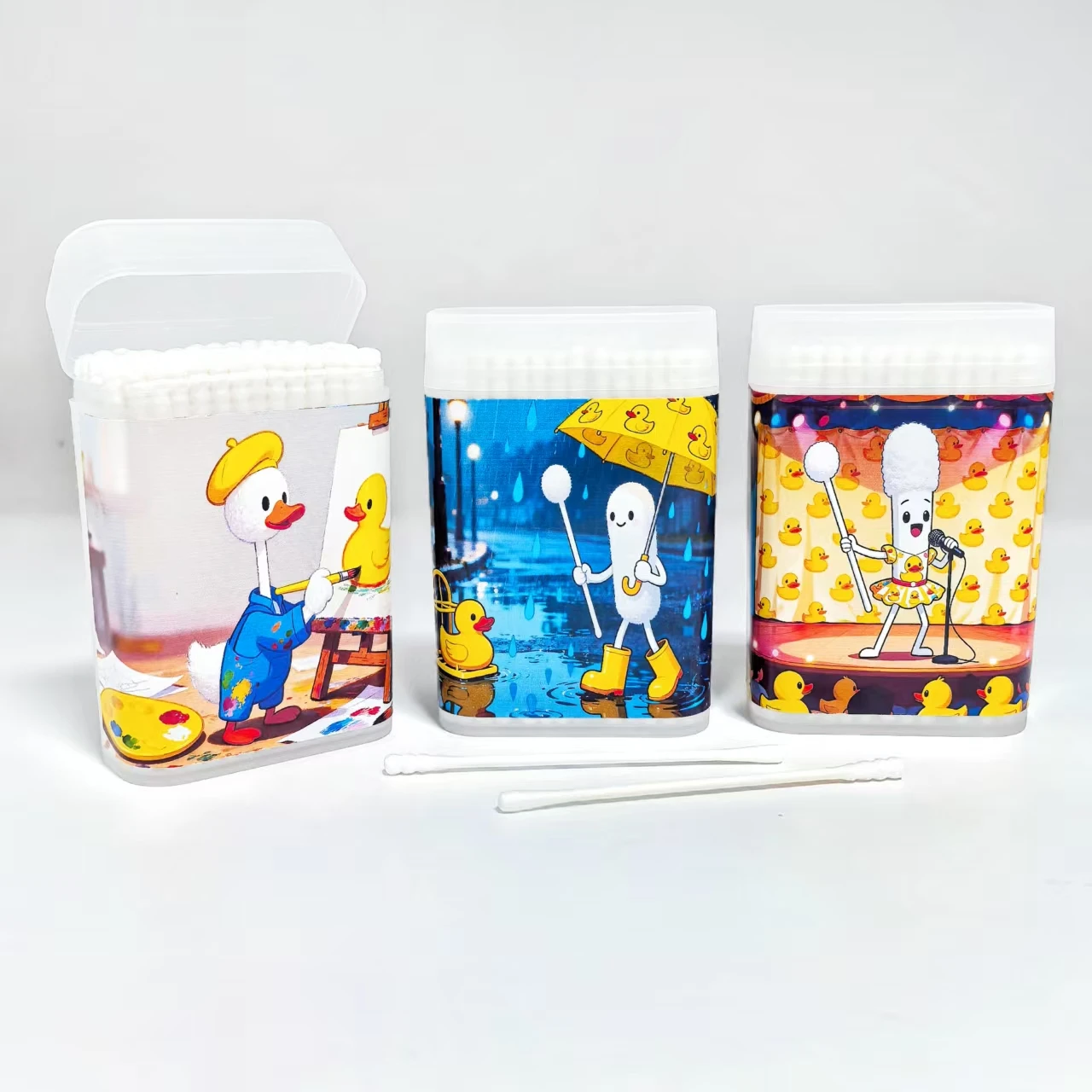 300개 귀여운 노란 오리 테마의 양면 면봉, 미세 축 나사형 원형 면봉