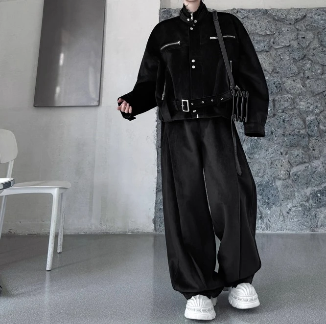 الرجال 2025 شتاء جديد شارع العليا الرجعية جاكيت زيبرا مجموعات الرجال الراقية أنيق 2 قطعة سميكة واسعة الساق السراويل قطعتين مجموعات #3