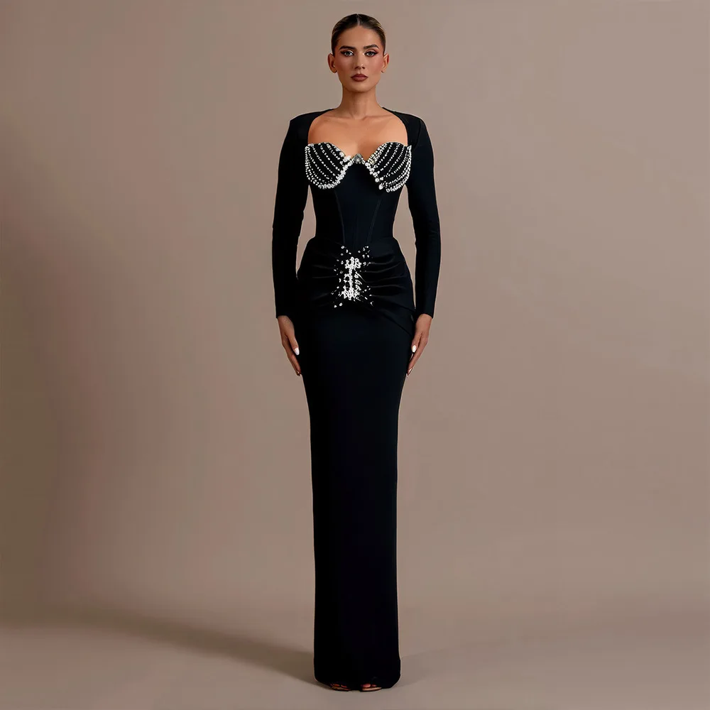 

ILADO Luxurious Rhinestone Sexy Square Neck Low-Cut Bodycon Long Sleeve Bandage Dress Socialite Evening Gown