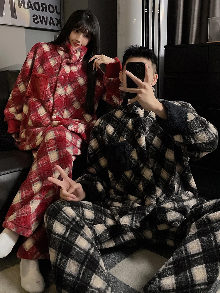 DAIMELU بيجامات رجالي بأكمام طويلة ملابس نوم شتوية من الصوف المرجاني سميكة مخملية للأولاد في سن المراهقة طقم ملابس نوم شتوية مقاس كبير