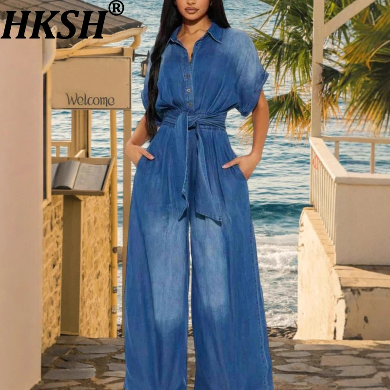 

HKSH Spring Summer New Women Long Jumpsuit Turn-Down Collar Short Sleeves Waist Cinching Distressed Denim Wide Leg Pants HK17204