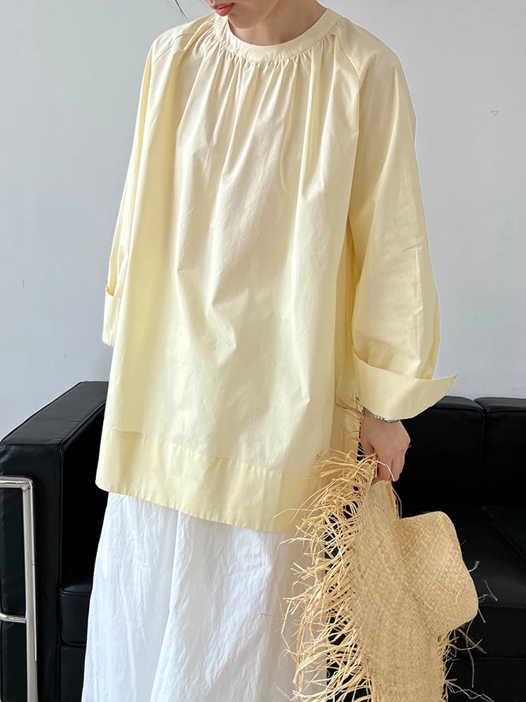 [EAM] Women Yellow Big Size Long Blouse New Round Neck Long Sleeve Loose Fit Shirt Fashion Tide Spring Autumn 2024 1DH0197