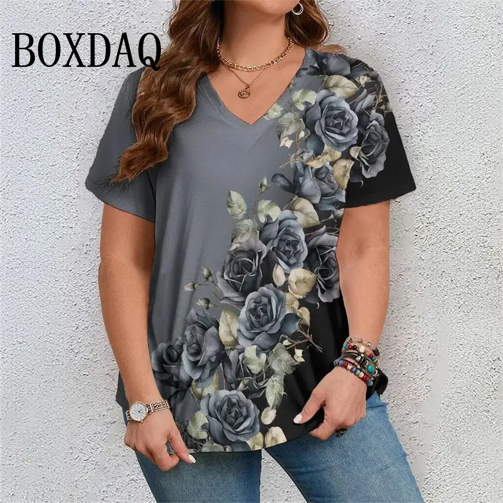 

Women's T-Shirts Colorful Flowers 3D Print Short Sleeve Tee Shirt Fashion V-neck Loose Tops Summer Casual Loose Female Clothing