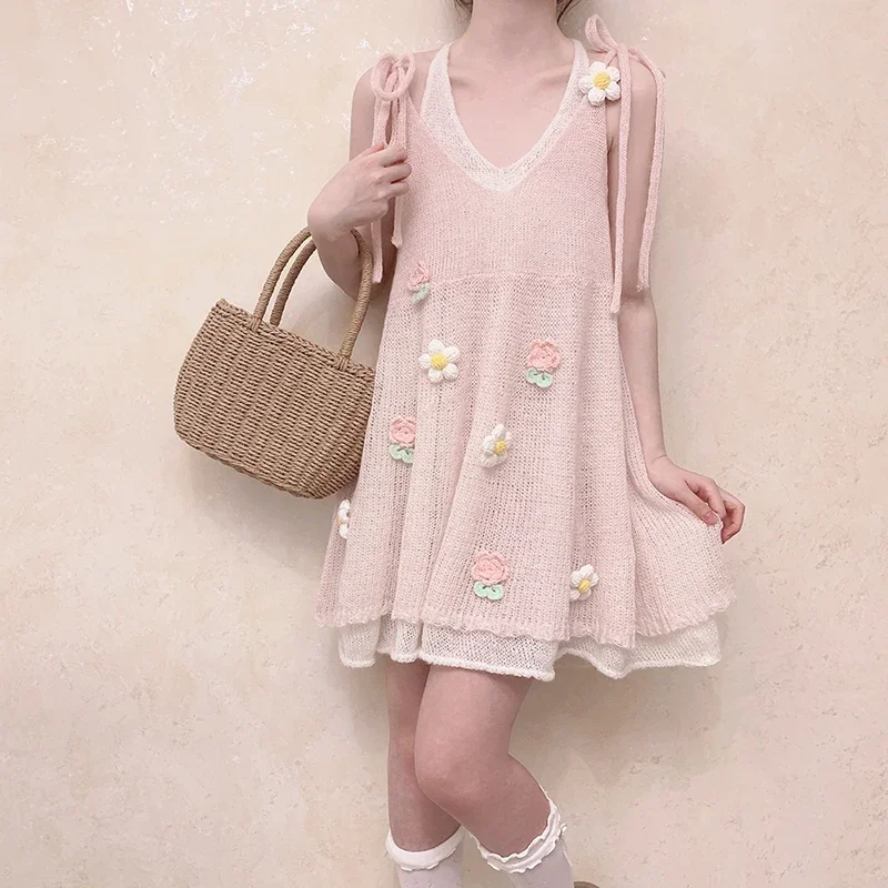 Sweet Knitted Dress Women Summer Hook Flowers Decoration Lace-up Hollow Out Multi-piece Dresses Kawaii Clothes