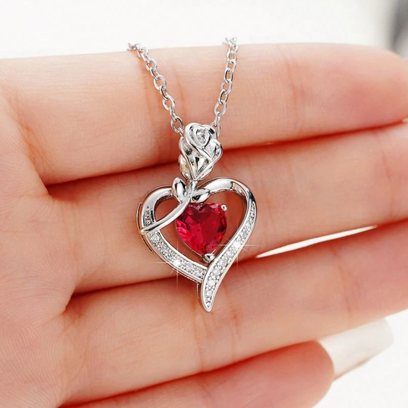 Silver Color Rose Heart-shaped Hollow Inlaid Purple Synthetic Zirconia Pendant Necklace for Women's Daily Wear Jewelry Gifts