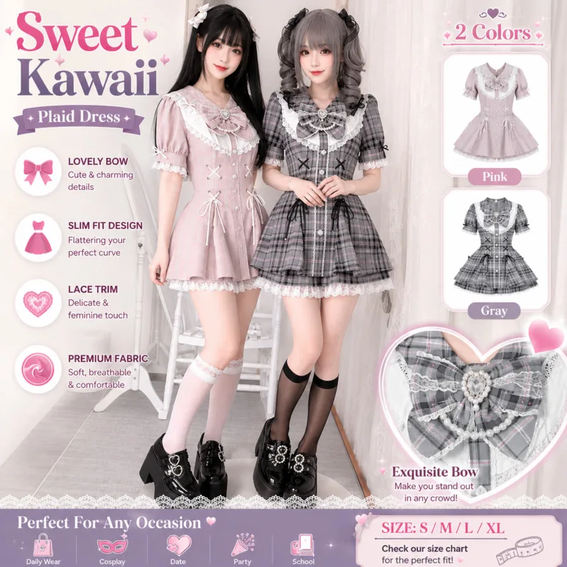 Kawaii Harajuku Bow Mini Dresses Grey Plaid Lace Trim High Waist Short Sleeve Summer For Petite Teen Girls Sweet Lolita Style