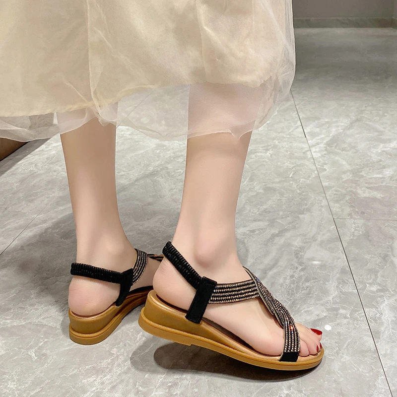 2023 New Fashion Flat Woman Sandals Shoes Round Toe Summer Shoes Women Heel Diamond Decoration Slip on Size 35-40 Sandals Women