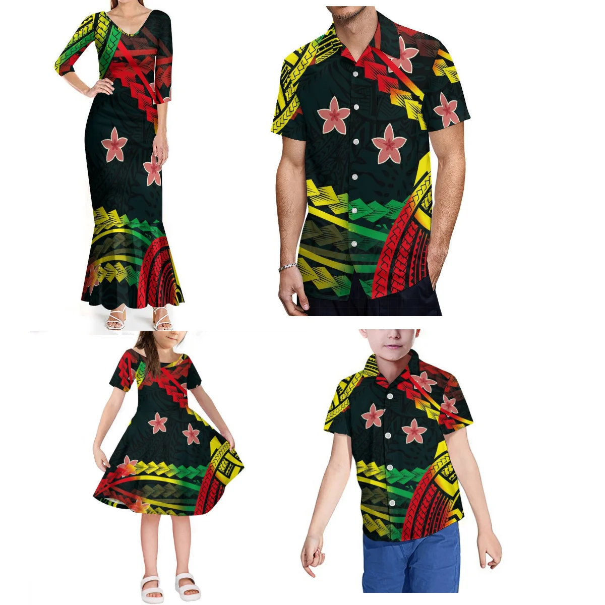 Verão características conjunto de família étnica samoa moda floral impressão feminina magro-ajuste fishtail vestido fiji tonga tribo camisa masculina