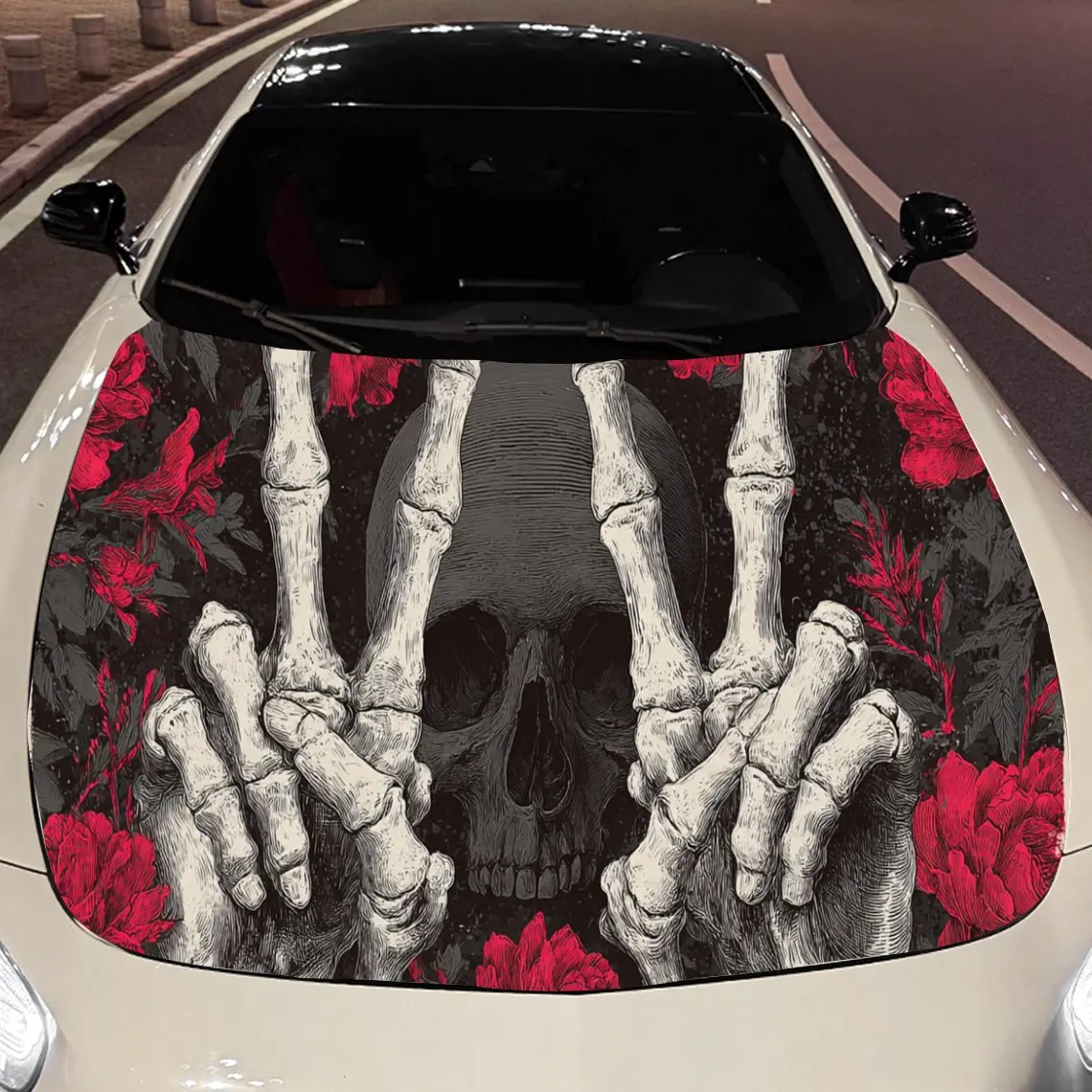 

Cool Skeleton Hands & Roses Car Hood Stickers - Self-Adhesive, Waterproof and Durable Vinyl Wrap, Decorate And Protect Your Car,