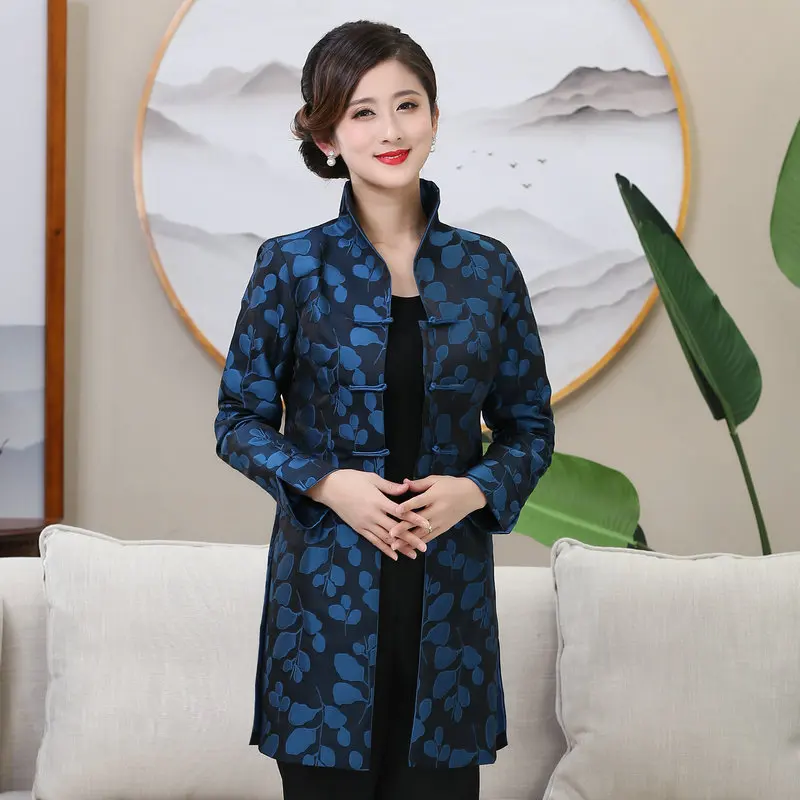 Elegant Women's Cheongsam Jacket Red Blue Jacquard Textured Coat Side Slits Frog Buttons Design Outerwear Elegant Clothes Lady